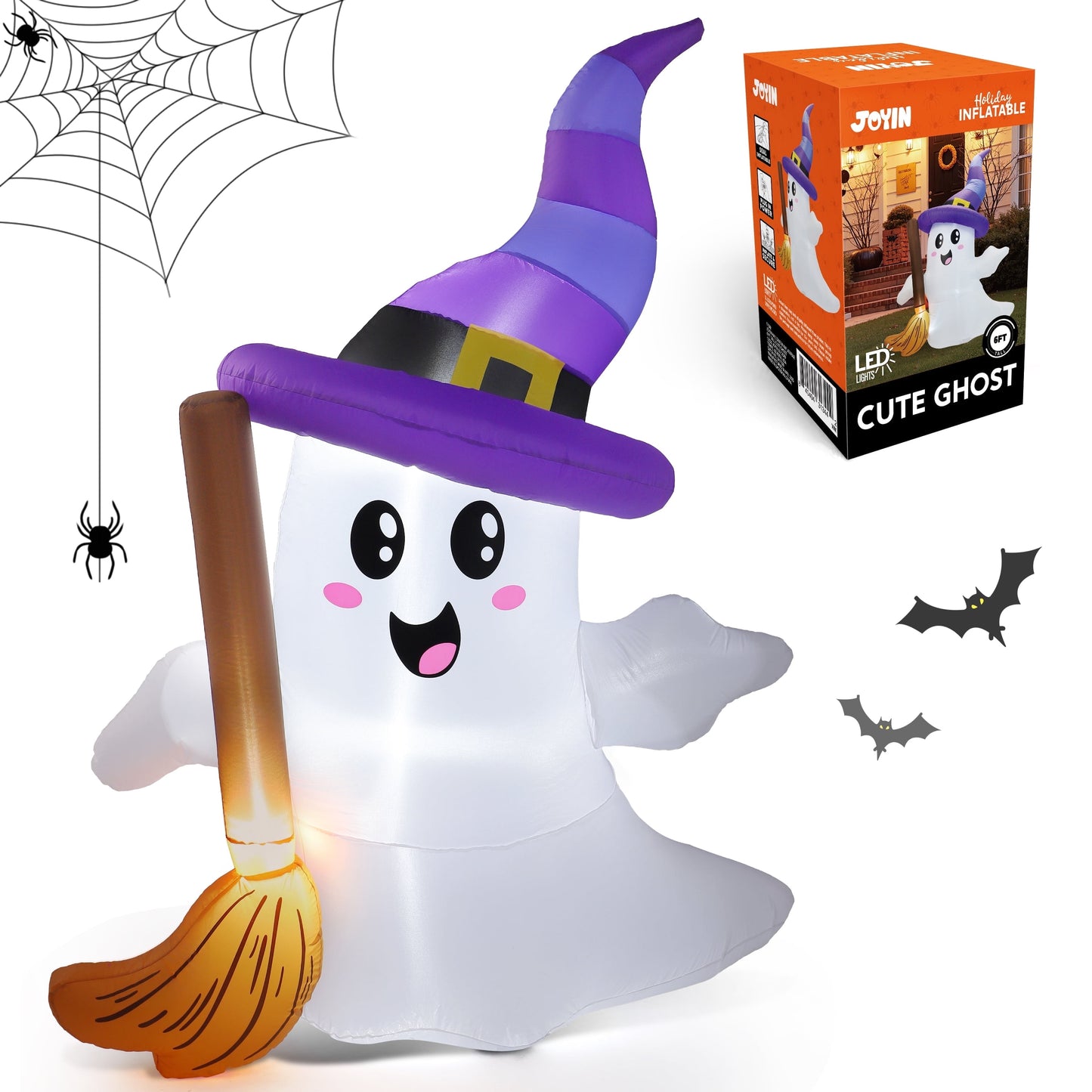6Ft Halloween Inflatables Light up Cute Ghosts with Witch Hat, Halloween Decorations Outdoor, Blow up Halloween Yard Decorations
