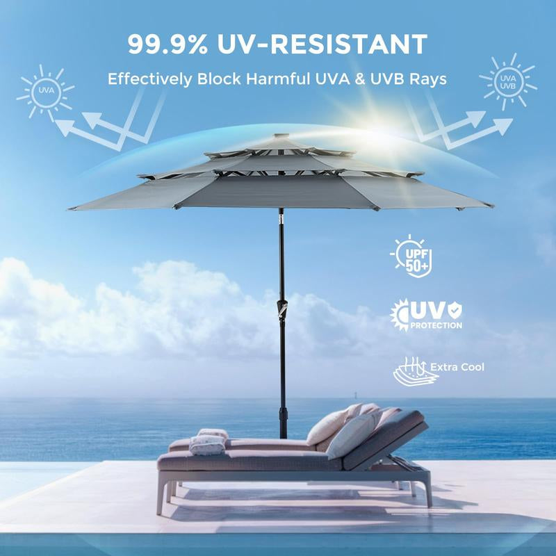 9FT 3-Tier Solar Patio Umbrella Heavy Duty, Vented Market Table Umbrella Windproof W50+,8 Thicker Ribs for Pool, Lawn, Garden