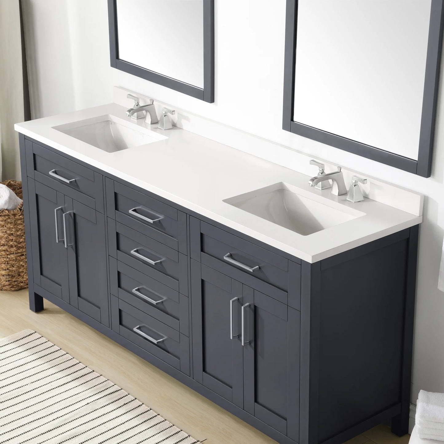 Dark Charcoal Bathroom Vanity with Engineered Marble Countertop and Framed Wall Mirrors