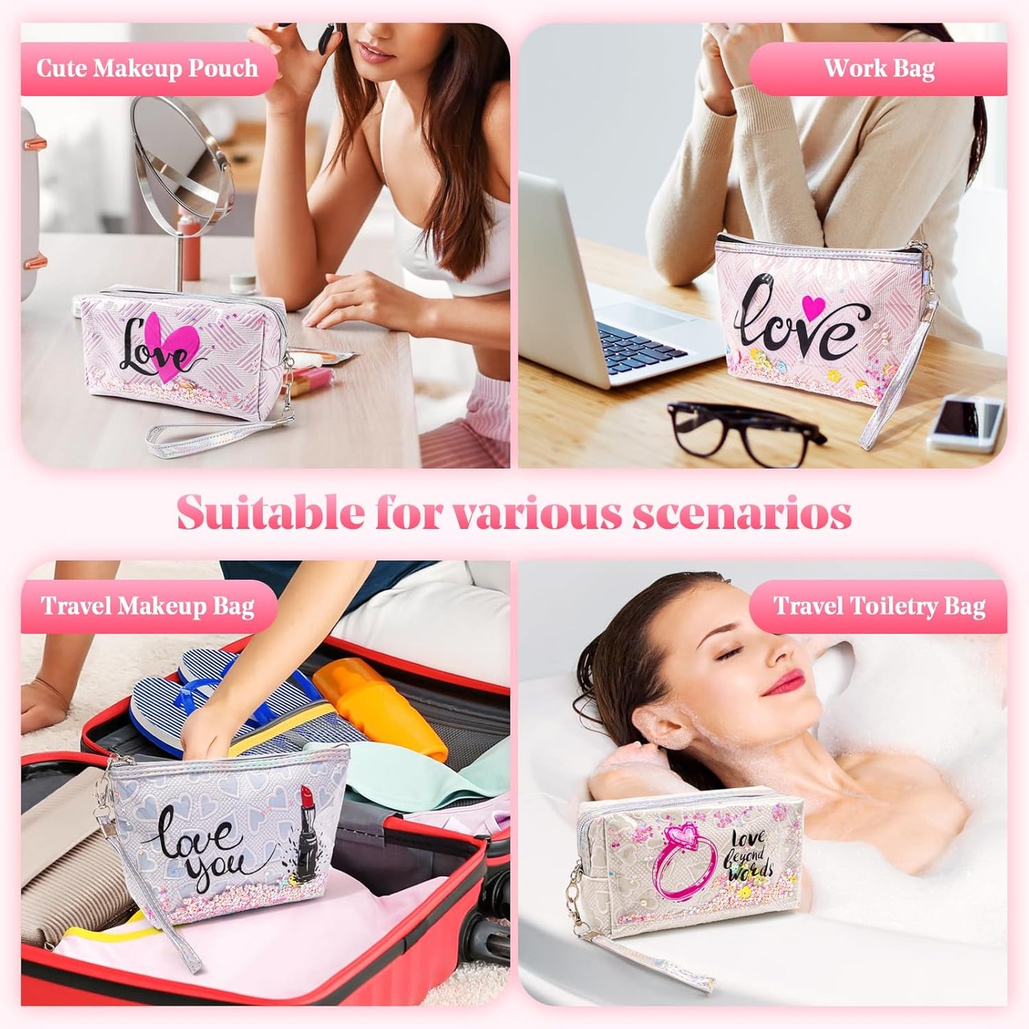 Heart & Love Cosmetic Bag for Women & Girls | Gift-Ready Waterproof PU Leather Makeup Organizer | Travel-Friendly Compact & Large Sizes (7” & 9”)