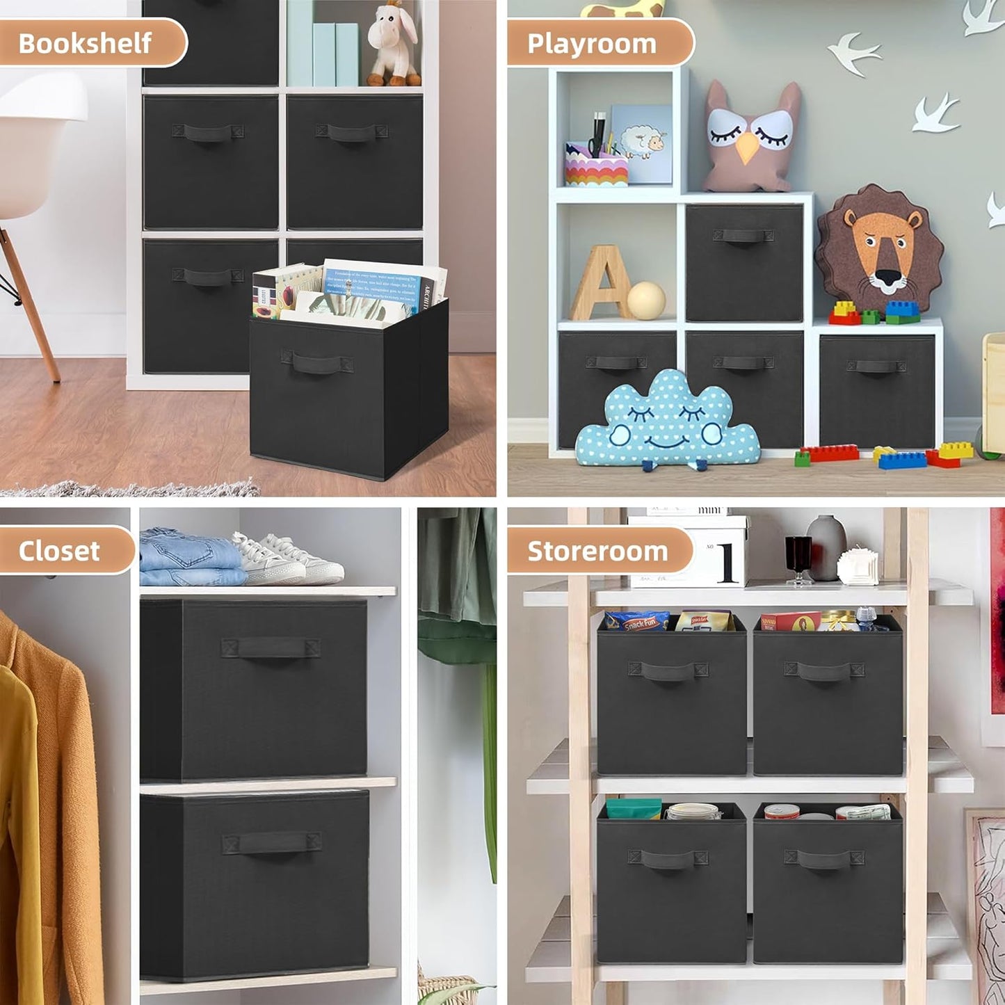 Storage Cubes, 11 Inch Durable 6 Pack Fabric Foldable Collapsible Bins with Handles for Organization, Closet, Shelves, Offices, Toys, Black