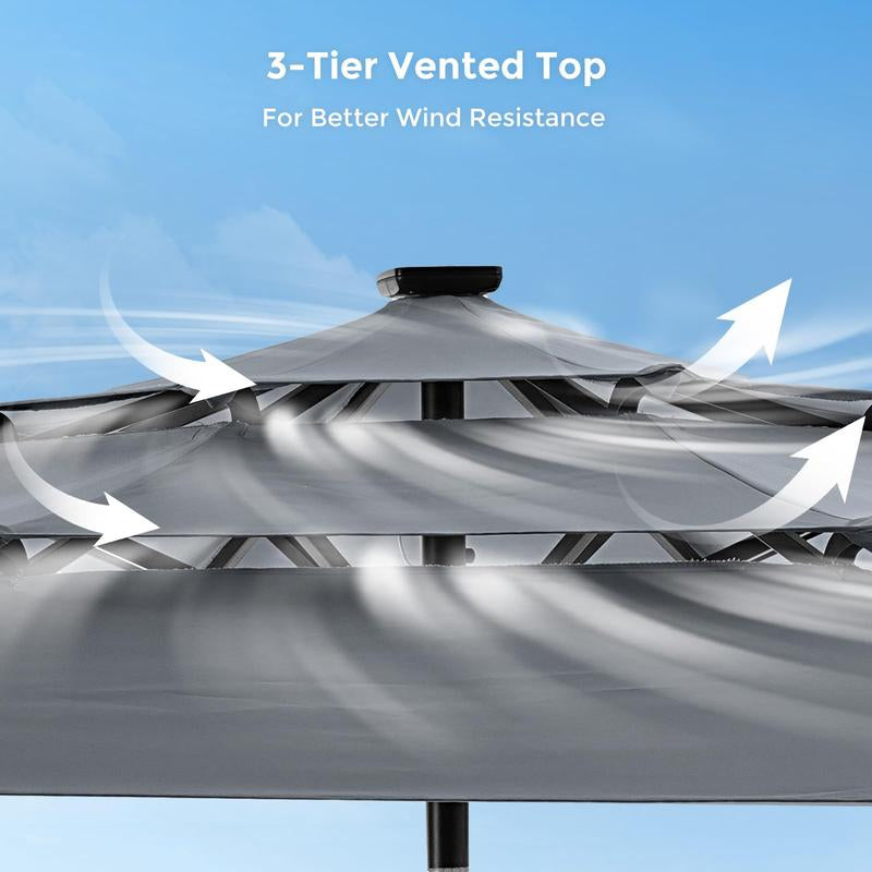9FT 3-Tier Solar Patio Umbrella Heavy Duty, Vented Market Table Umbrella Windproof W50+,8 Thicker Ribs for Pool, Lawn, Garden