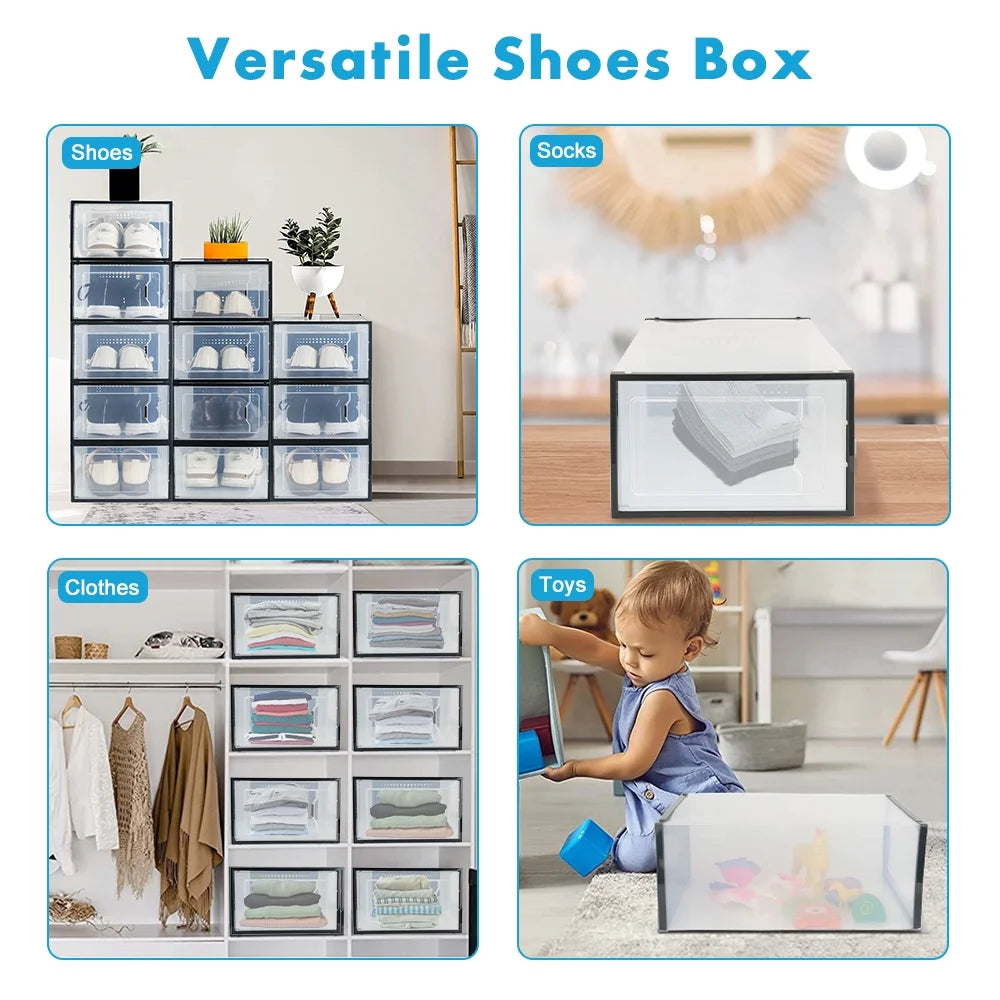 Clear Shoe Ogranizer for Closet,Shoes Boxes Bins Stackable,Folding Shoe Sneaker Containers Storage Box Rack with Lids 12 Pack