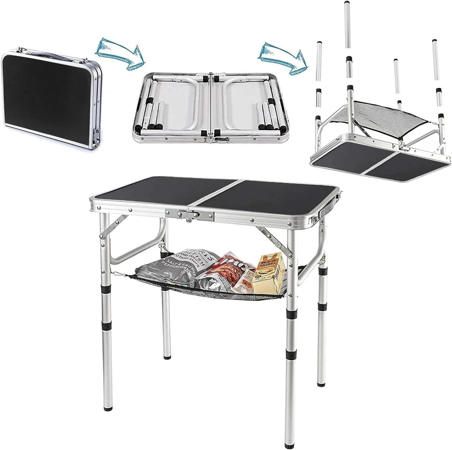Camping Table with Detachable Net Layer Portable Small Folding Alumiumum Table Adjustable Height with 2 Hooks Easy Holders Sturdy Outdoor Picnic Beach BBQ Cooking