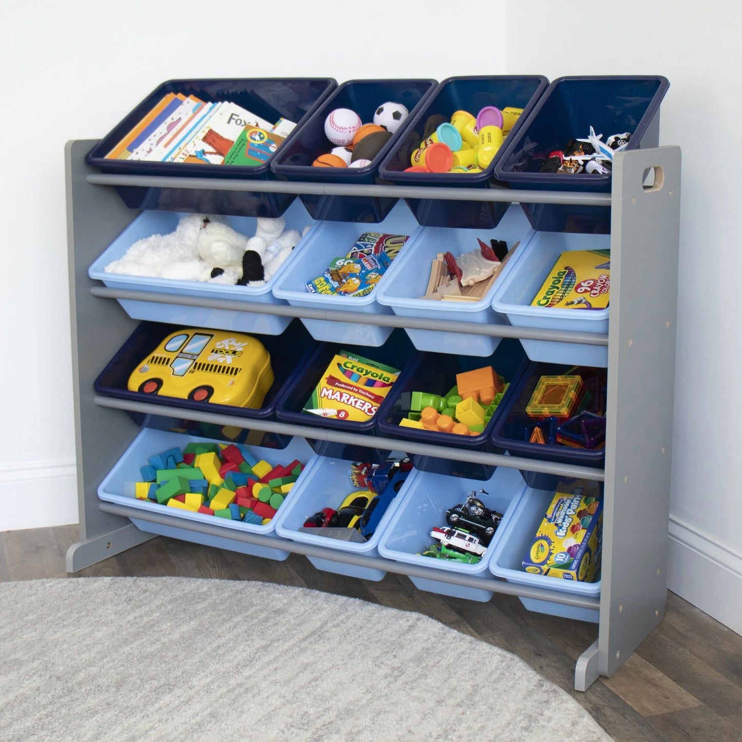 Kids Toy Storage Organizer with 16 Plastic Storage Bins, Grey/Blue