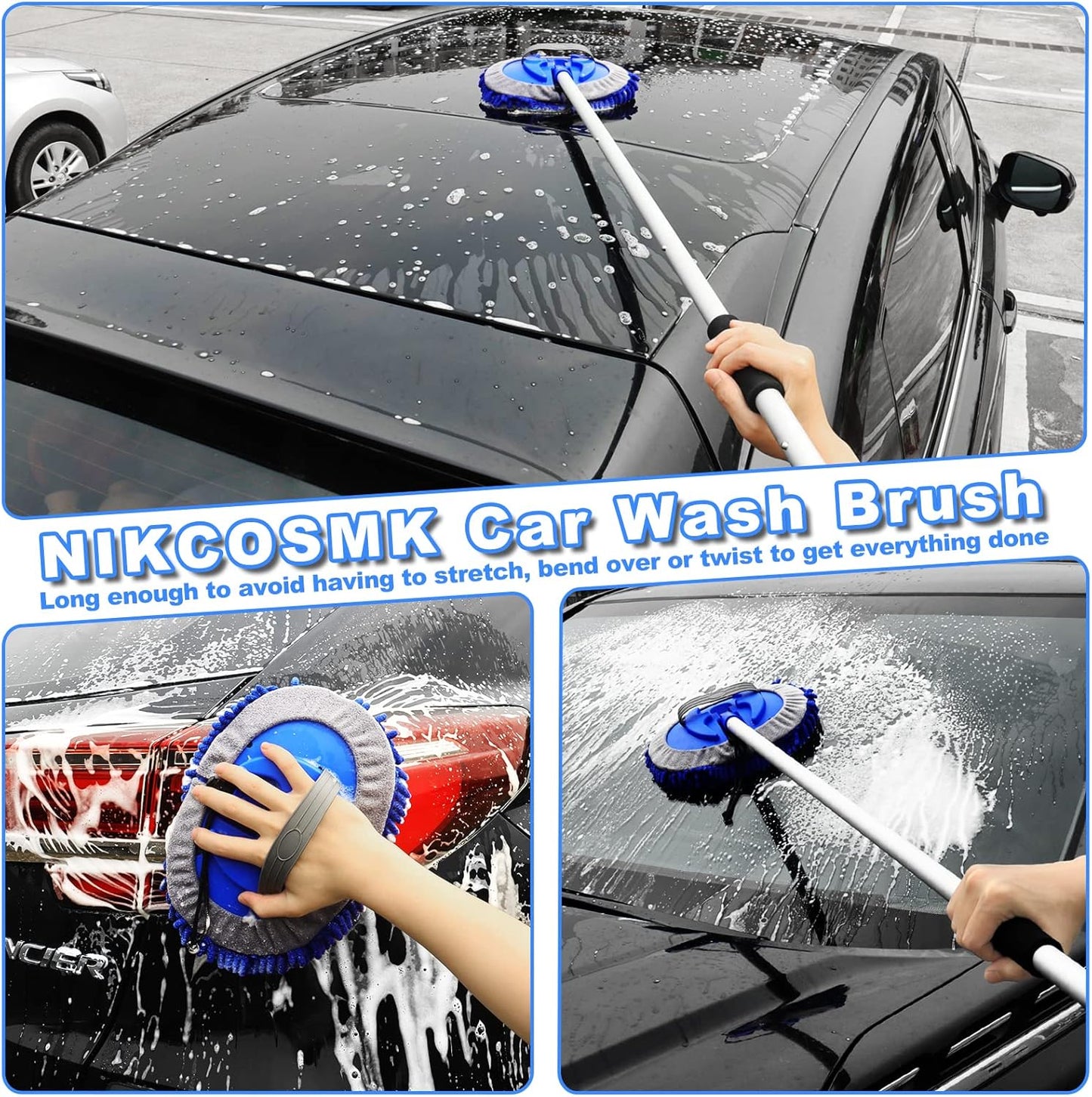 Car Wash Brush Kit Mitt Mop Sponge with Long 62'' Handle, 1 Chenille Scratch-Free Replacement Head, Windshield Window Squeegee,Car Duster,Car Detailing Brushes,Tower,Car Cleaning Kit for Cars RV Truck
