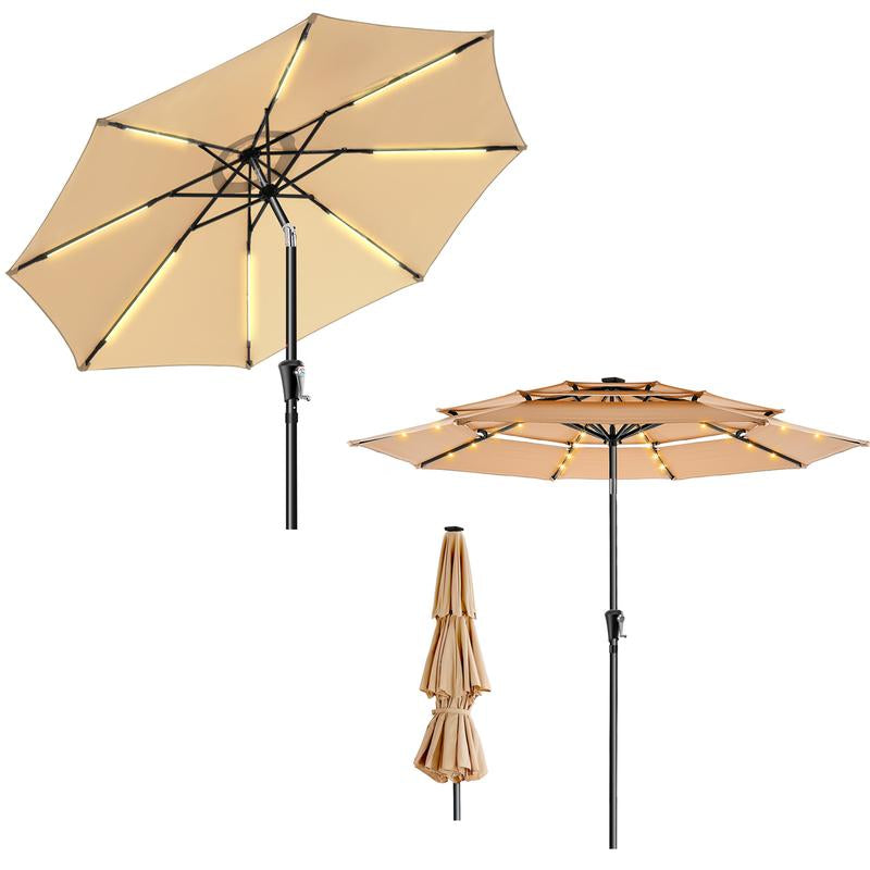 9FT 3-Tier Solar Patio Umbrella Heavy Duty, Vented Market Table Umbrella Windproof W50+,8 Thicker Ribs for Pool, Lawn, Garden