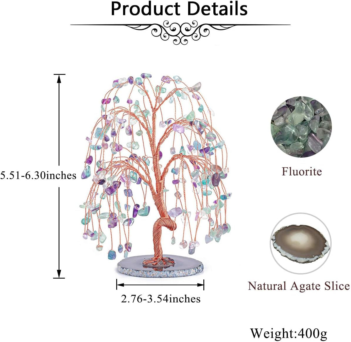 Natural Healing Crystals Fluorite Tree Tumbled Gemstone Stones Money Tree, Geode Agate Slices Base Feng Shui Ornaments Home Table Decoration for Wealth and Luck 5.5"-6.3"