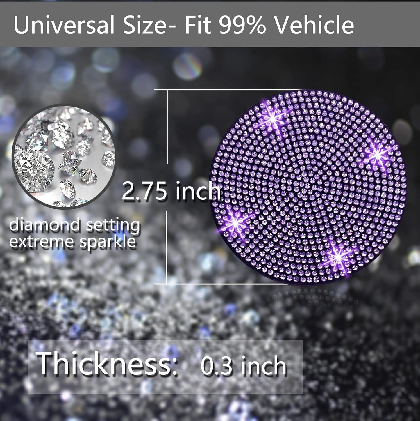 2Pcs Bling Car Cup Holder, Coaster, 2.75 Inch Anti-Slip Shockproof Universal Car Coasters Insert Bling Crystal Rhinestone Automotive Interior Accessories for Women (2 Pcs, Purple Violet)