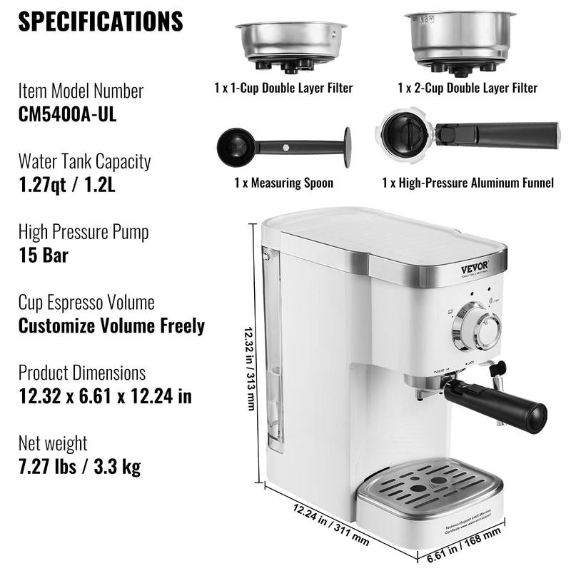 Espresso Coffee Machine, 15Bar Semi-Automatic Espresso Maker with Milk Frother Steam Wand, Professional Cappuccino Latte Machine with High-Power Boiler & Removable Water Tank, NTC Control System