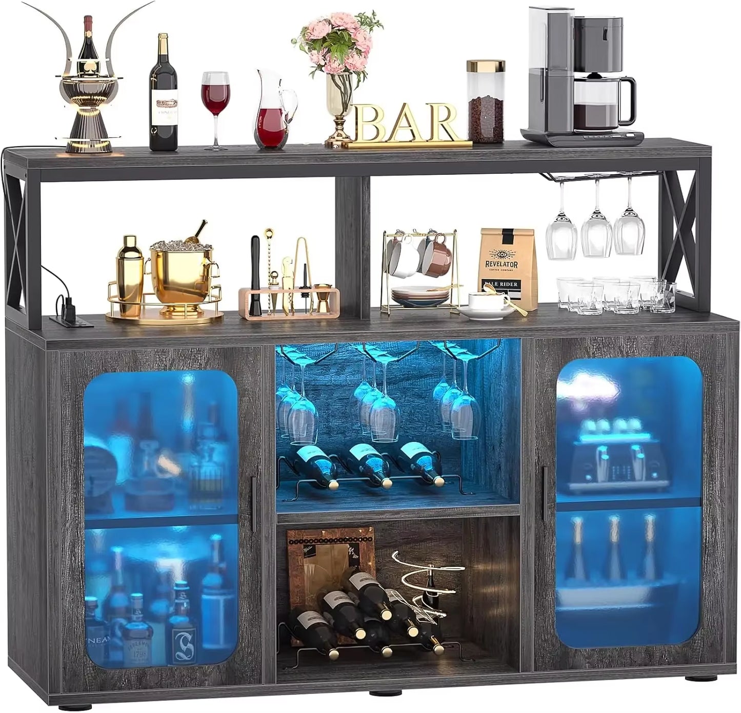 Bar Cabinet with Power Outlets, Liquor Cabinet with Led Lights and Glass Holder, Storage Buffet Cabinet Coffee Bar