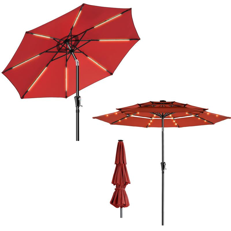 9FT 3-Tier Solar Patio Umbrella Heavy Duty, Vented Market Table Umbrella Windproof W50+,8 Thicker Ribs for Pool, Lawn, Garden