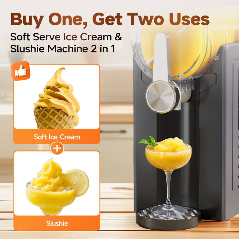 Slushie Machine / Soft Serve Ice Cream 2 in 1 Machine Large Capacity Frozen Drink Maker, Suitable for Slush, Margaritas, Smoothies, Frappés, Milkshakes and Various Other Beverages. Features Automatic Cleaning and Multiple Functional Options.