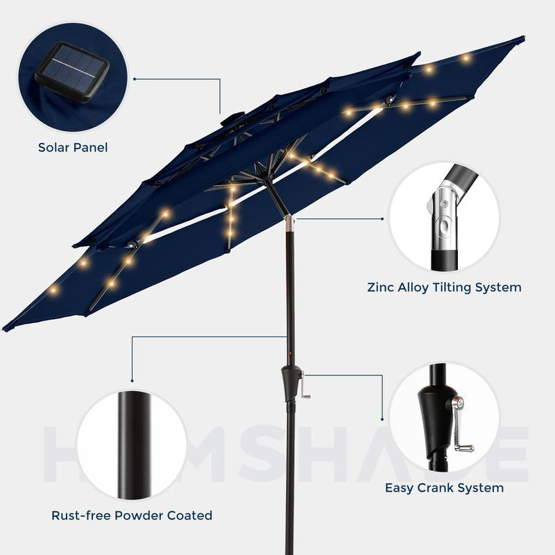 9FT 3-Tier Solar Patio Umbrella Heavy Duty, Vented Market Table Umbrella Windproof W50+,8 Thicker Ribs for Pool, Lawn, Garden