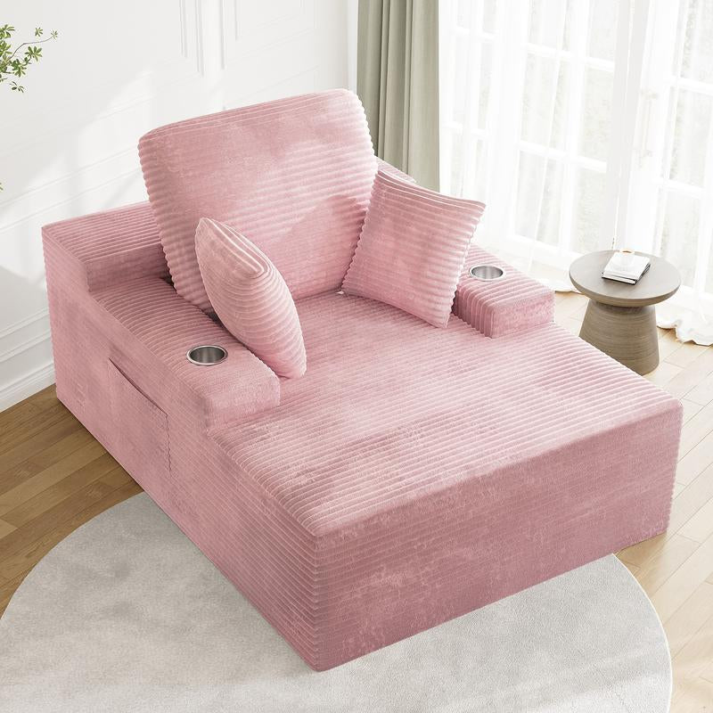49" Oversized Chaise Lounge Sofa Bed with 2 Cup Holders & Storage Pocket - Plush Corduroy Upholstered, No Assembly Cloud Couch for Living Room, Bedroom, or Reading Nook