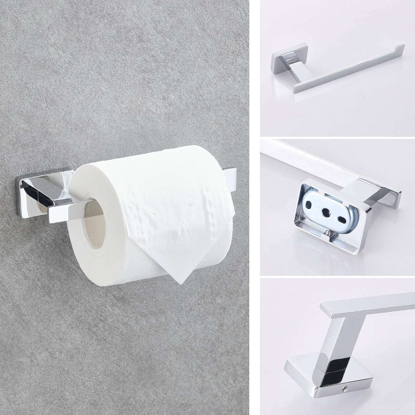 4 Piece Bathroom Hardware Accessories Set,Chrome Stainless Steel Towel Bar Sets Wall Mounted - Includes 16" Towel Bar, Square Towel Ring, Toilet Paper Holder, Robe Towel Hook