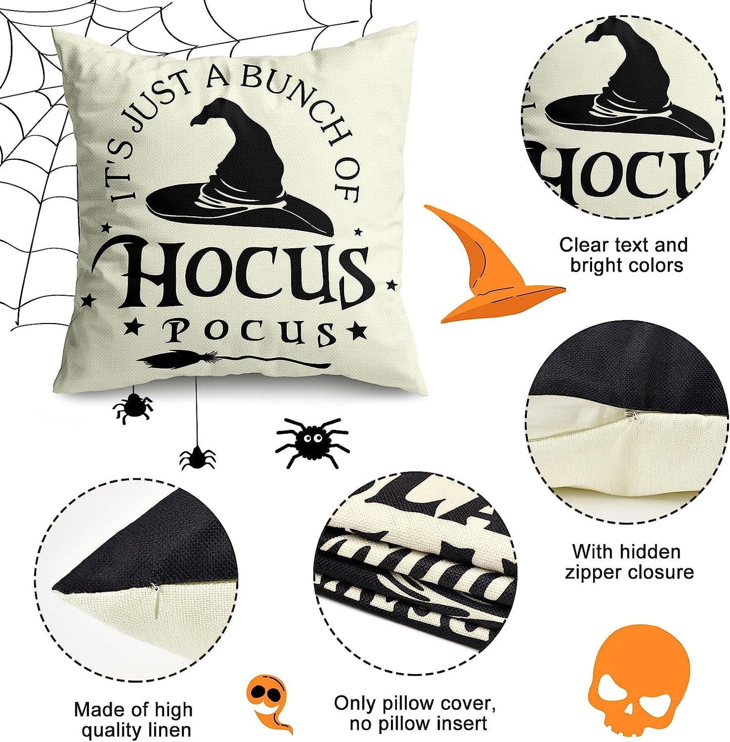 4Pack Halloween Pillow Covers 18X18", Halloween Decor Farmhouse Saying White Black Outdoor/Indoor Fall Pillow Pillows Decorative Cushion Cases for Home Sofa Couch Bed Chair