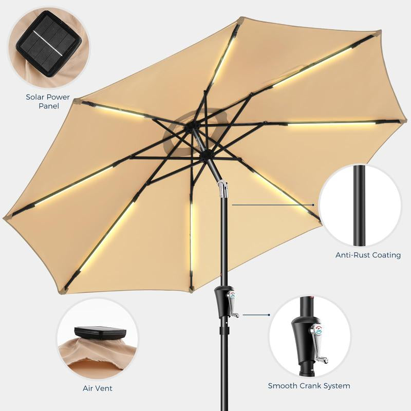 9FT 3-Tier Solar Patio Umbrella Heavy Duty, Vented Market Table Umbrella Windproof W50+,8 Thicker Ribs for Pool, Lawn, Garden