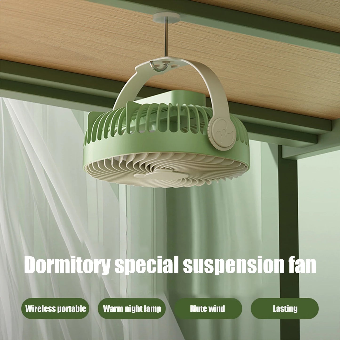 Portable Rechargeable Camping Fan for Tent with LED Lantern, Battery Operated Outdoor, 3 Speeds, Small Quiet Personal Usb Cooling Fan for Travel, Fishing,Green