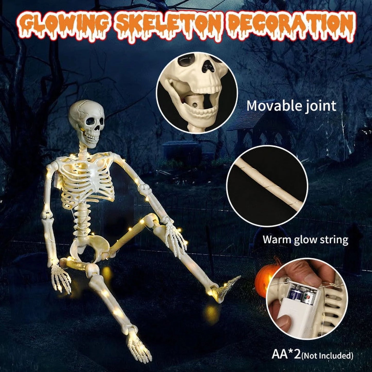 Halloween Skeleton LED Light up Pose Stay Halloween Skeleton Full Body Posable Movable Jonints for Halloween Decoration