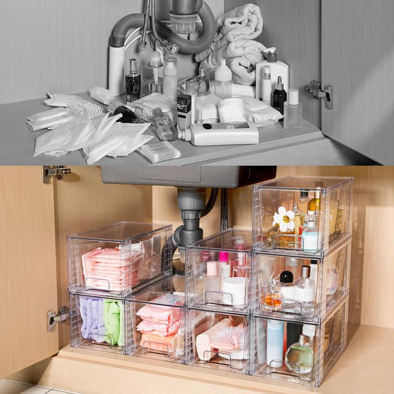 Transparent Stackable Drawer Organizer with Handles for Bathroom Kitchen Pantry under Sink Cabinet Closet Makeup Multifunctional Storage Solution 5-10Kg Capacity, 3-Tier Metal Rolling Cart with Wheels Pink