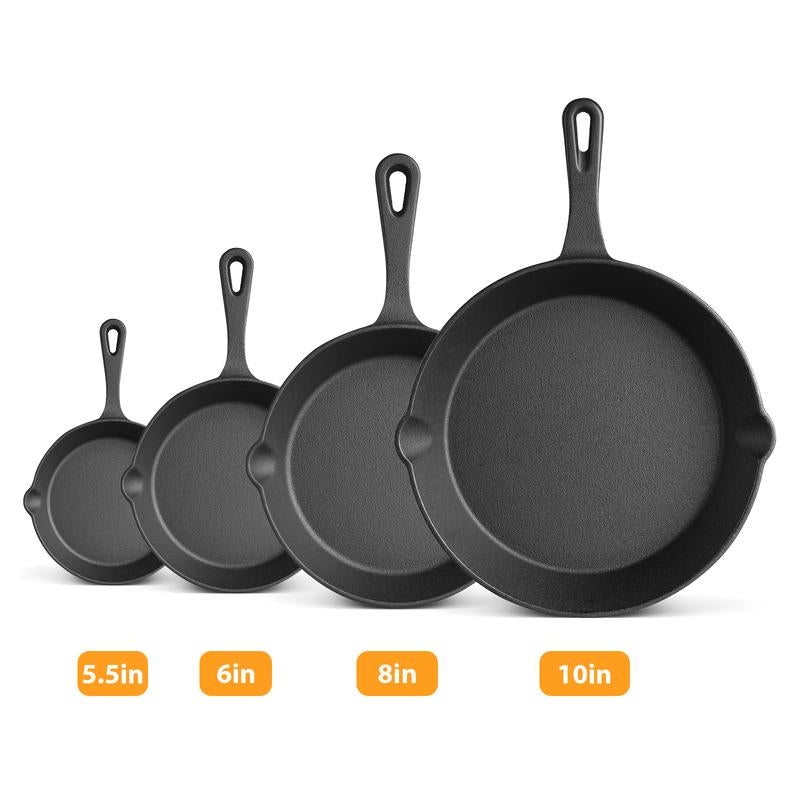 Cast Iron Skillets 3/4/5 PCS, Pots and Pans Set for Professional Restaurant Chef Quality, Pre-Seasoned Cookware Set - 4‘’,5.5“,6“, 8“, 10“ Fry Pans, Skillet Multi-Functional with Ergonomic Handles - for Frying, Saute, Cooking, Pizza