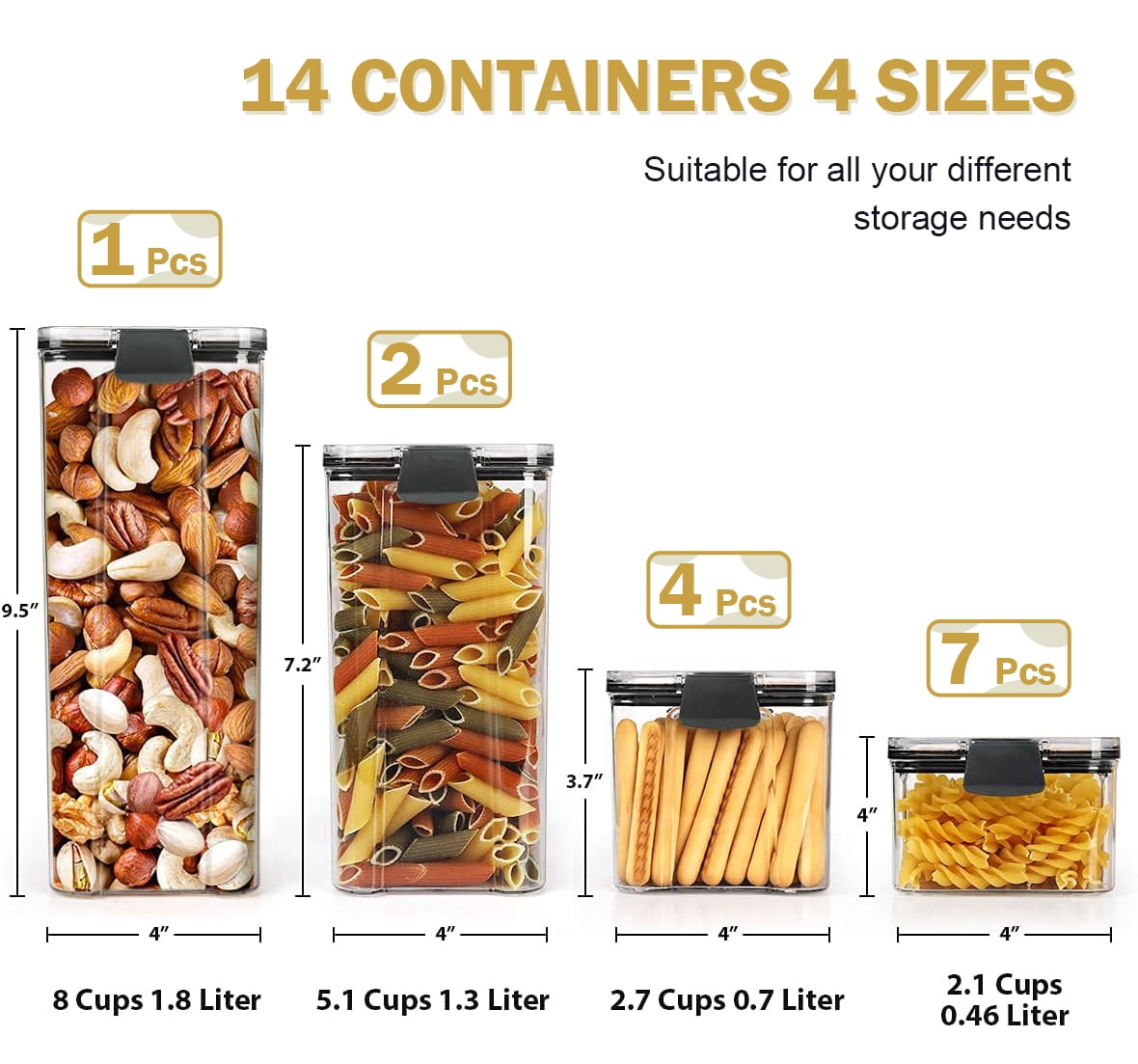 Airtight Food Storage Container Set, 14 Pcs BPA Free Plastic Dry Food Rice Canisters for Kitchen Pantry Organization and Storage