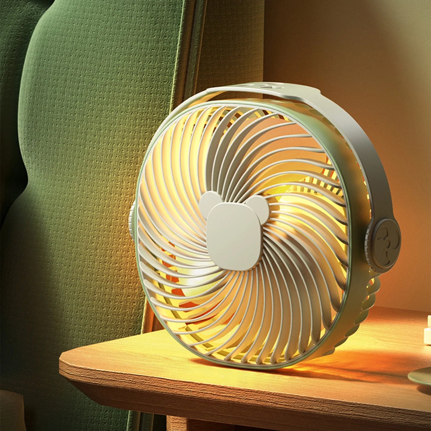 Portable Rechargeable Camping Fan for Tent with LED Lantern, Battery Operated Outdoor, 3 Speeds, Small Quiet Personal Usb Cooling Fan for Travel, Fishing,Green
