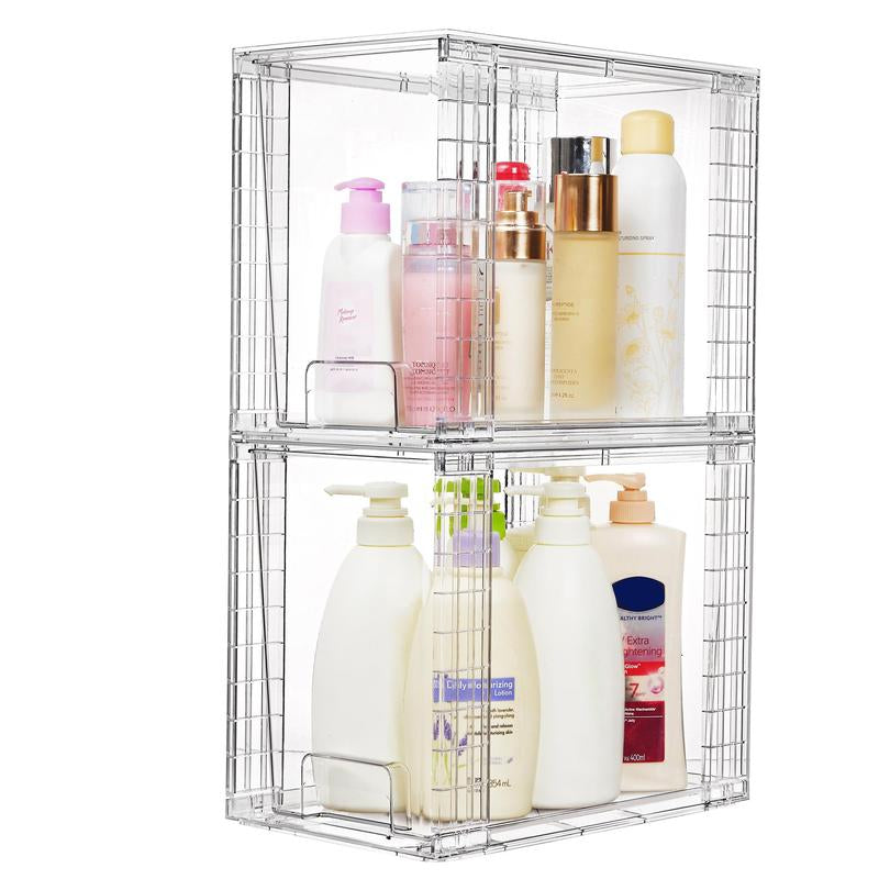 Transparent Stackable Drawer Organizer with Handles for Bathroom Kitchen Pantry under Sink Cabinet Closet Makeup Multifunctional Storage Solution 5-10Kg Capacity, 3-Tier Metal Rolling Cart with Wheels Pink