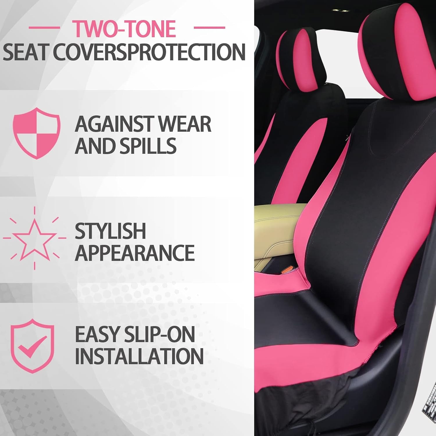 17 Pcs Car Seat Cover Full Set for Women Universal Fit Car Front Rear Fluffy Steering Wheel Fleece Handbrake Shift Covers Hanging Accessory Holder Ring Emblem(Pink Black)