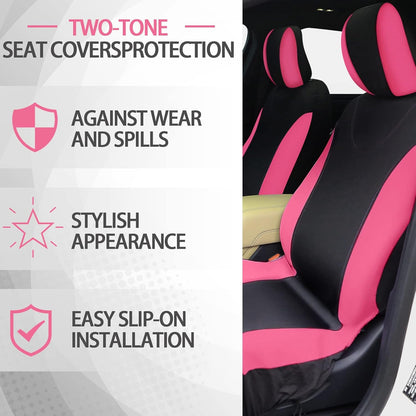 17 Pcs Car Seat Cover Full Set for Women Universal Fit Car Front Rear Fluffy Steering Wheel Fleece Handbrake Shift Covers Hanging Accessory Holder Ring Emblem(Pink Black)