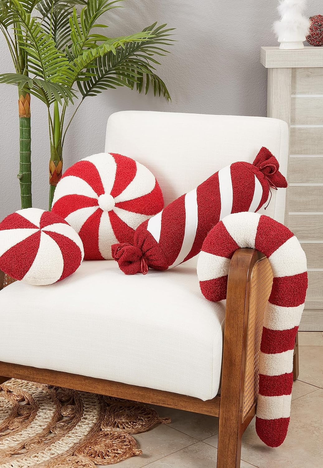 Christmas Candy Cane Pillow Christmas Throw Pillows Peppermint Pillows Red and White Christmas Decorations Cute Plush Pillow Christmas Decorative Lollipop Pillow for Couch Cushion