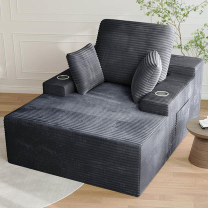 49" Oversized Chaise Lounge Sofa Bed with 2 Cup Holders & Storage Pocket - Plush Corduroy Upholstered, No Assembly Cloud Couch for Living Room, Bedroom, or Reading Nook