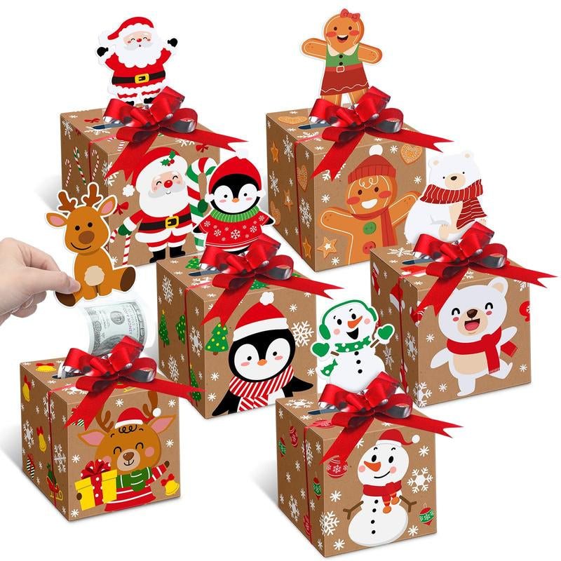 12 Pcs Christmas Money Box Christmas Party Gift Money Gift Boxes for Cash Pop up Christmas Money Holders for Cash with Festive Red Bows Clear Cash Seal Bags Penguin Santa Reindeer Snowman Gingerbread Men Pattern for Birthday Christmas Party Favor Supplies