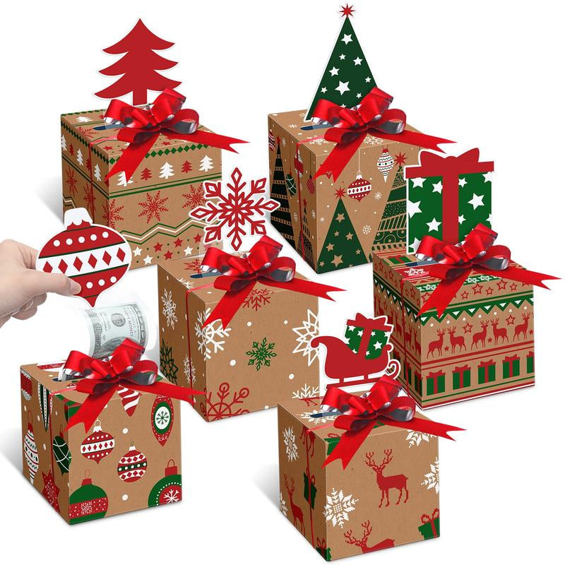 12 Pcs Christmas Money Box Christmas Party Gift Money Gift Boxes for Cash Pop up Christmas Money Holders for Cash with Festive Red Bows Clear Cash Seal Bags Penguin Santa Reindeer Snowman Gingerbread Men Pattern for Birthday Christmas Party Favor Supplies