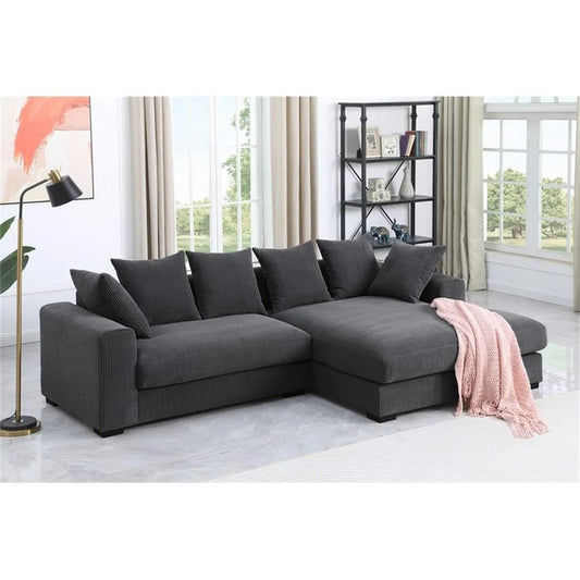 Solid Print L Shaped Sectional Sofa with Pillows, Dark Gray