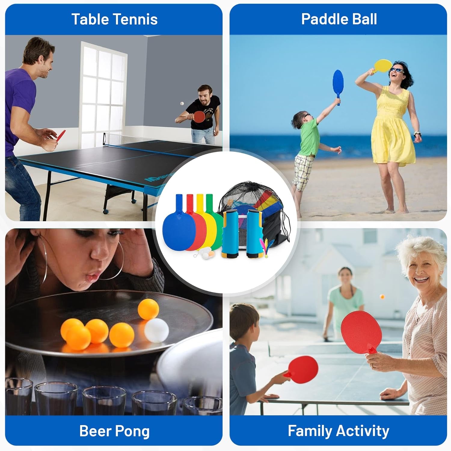 Plastic Portable Ping Pong Paddles Set of 4 Table Tennis Paddles with Retractable Ping Pong Net - 2 Ping Pong Balls with 1 Birdie. Perfect for Office, Lawn, and Beach Games for Adults and Families.