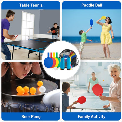 Plastic Portable Ping Pong Paddles Set of 4 Table Tennis Paddles with Retractable Ping Pong Net - 2 Ping Pong Balls with 1 Birdie. Perfect for Office, Lawn, and Beach Games for Adults and Families.
