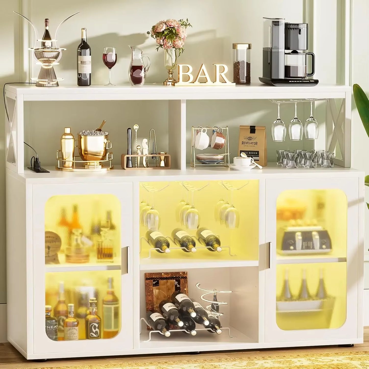 Bar Cabinet with Power Outlets, Liquor Cabinet with Led Lights and Glass Holder, Storage Buffet Cabinet Coffee Bar