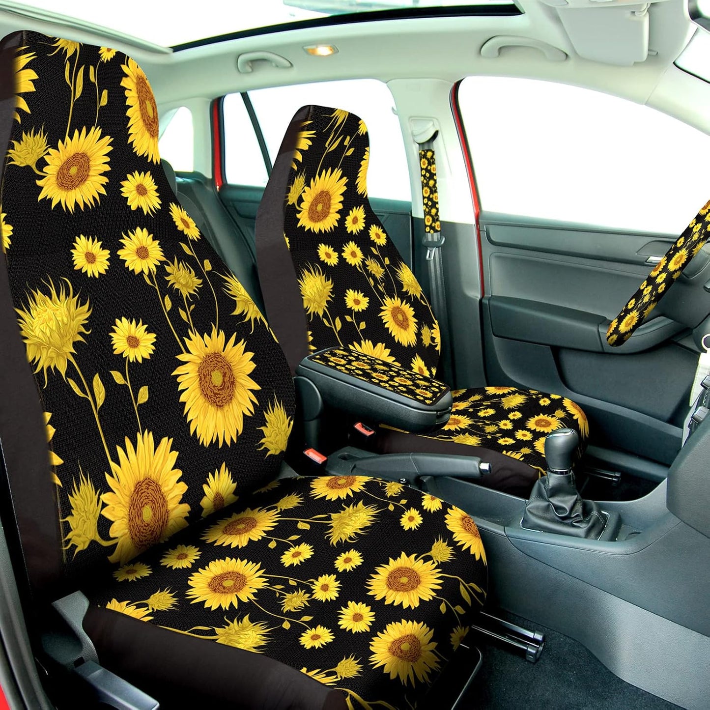 26 Pieces Sunflower Car Accessories, Sunflower Seat Covers Full Set Floor Mat Steering Wheel Cover Seat Belt Shoulder Pads Center Armrest Pad Gear Cover Handbrake Interior Car Decor
