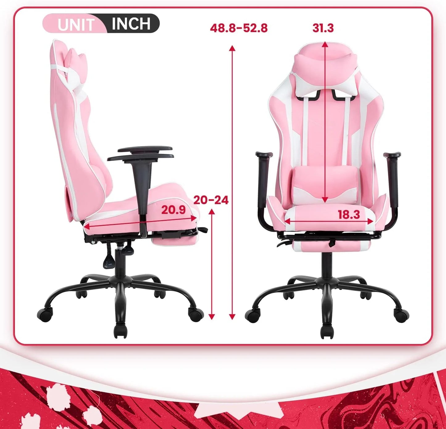 Ergonomic Gaming Chair , High Back PU Leather W/Footrest, Rolling Swivel for Adults ,Pink