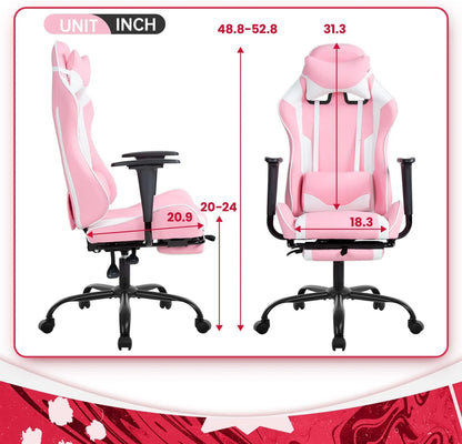Ergonomic Gaming Chair , High Back PU Leather W/Footrest, Rolling Swivel for Adults ,Pink