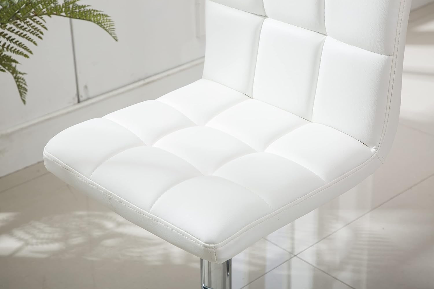 Set of 2 Adjustable Swivel PU Leather Bar Stools Counter Height Square Kitchen Dining Chairs with Chrome Base (White)