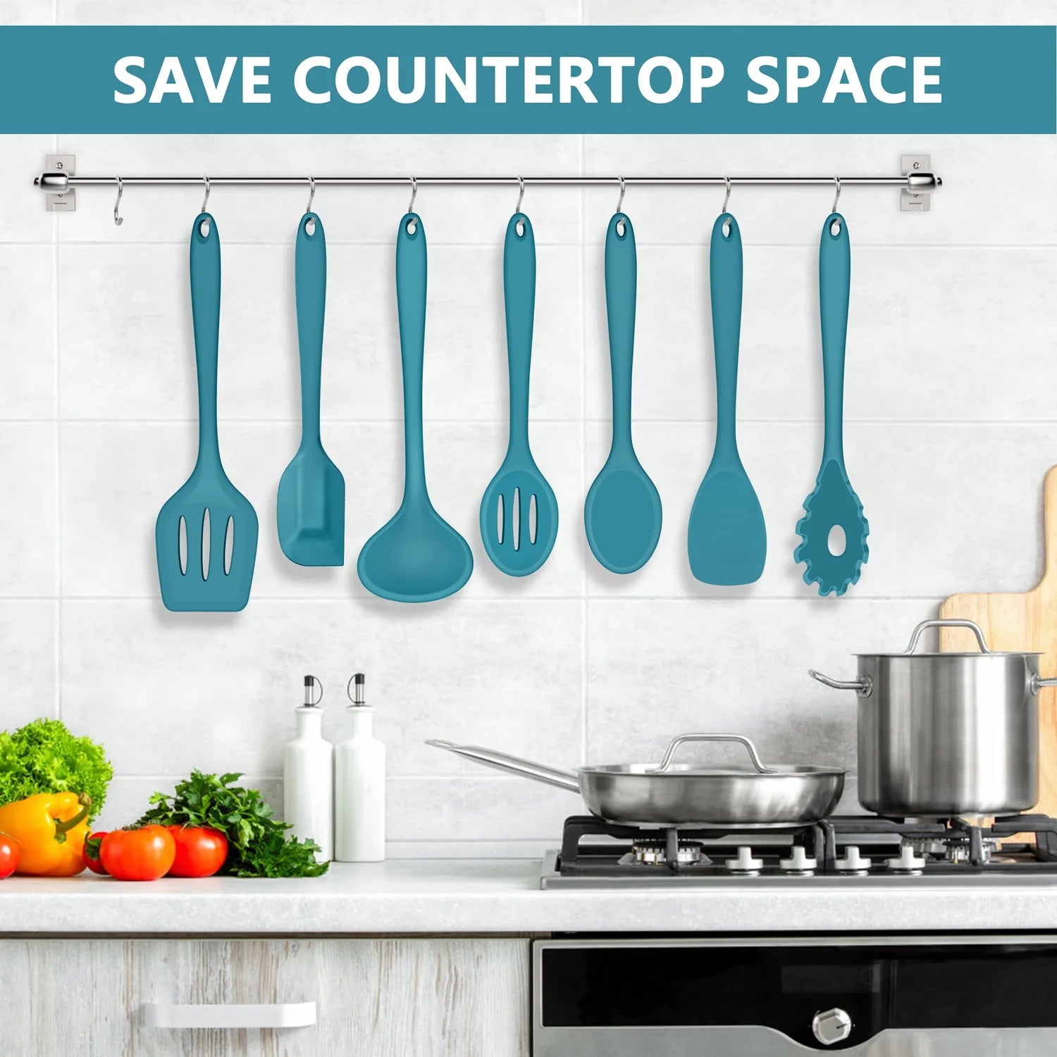 7-Piece Silicone Cooking Utensils Set, Blue Kitchen Utensils, Non-Stick Gadgets Tools Include Slotted Turner, Soup Ladle, Pasta Server