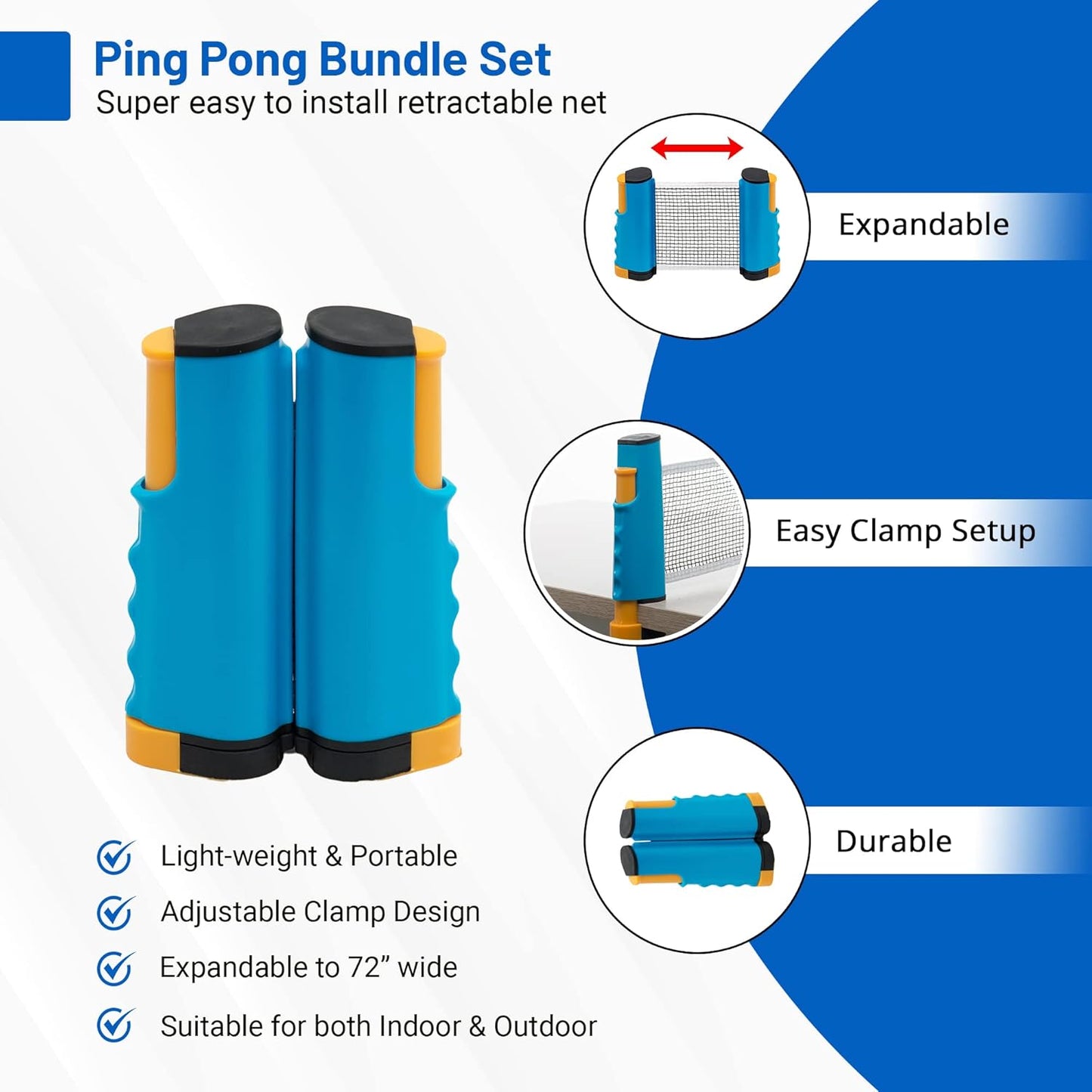 Plastic Portable Ping Pong Paddles Set of 4 Table Tennis Paddles with Retractable Ping Pong Net - 2 Ping Pong Balls with 1 Birdie. Perfect for Office, Lawn, and Beach Games for Adults and Families.