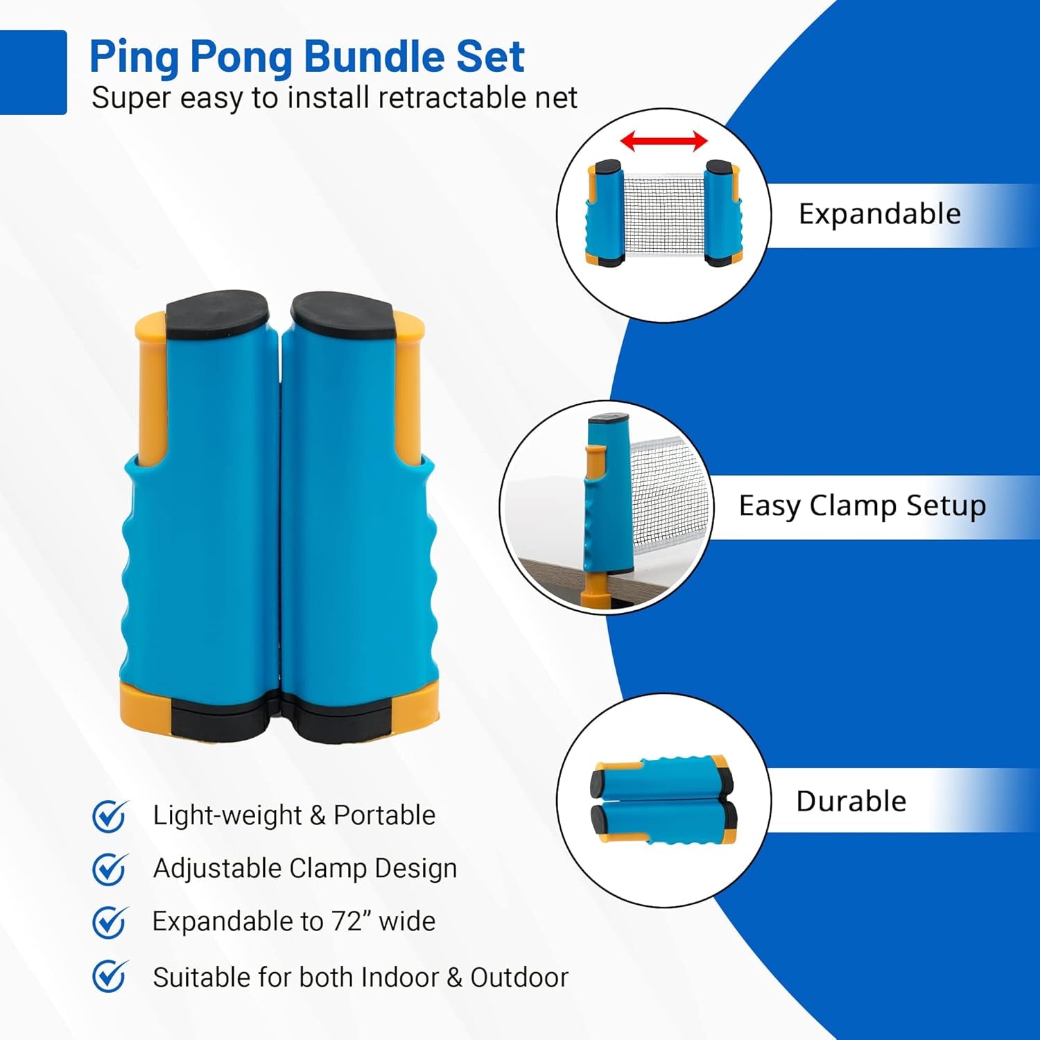 Plastic Portable Ping Pong Paddles Set of 4 Table Tennis Paddles with Retractable Ping Pong Net - 2 Ping Pong Balls with 1 Birdie. Perfect for Office, Lawn, and Beach Games for Adults and Families.