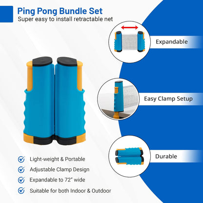 Plastic Portable Ping Pong Paddles Set of 4 Table Tennis Paddles with Retractable Ping Pong Net - 2 Ping Pong Balls with 1 Birdie. Perfect for Office, Lawn, and Beach Games for Adults and Families.