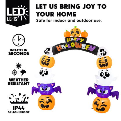 8 Ft Halloween Inflatable Archway Stacked Pumpkins Halloween Archway Bat Decorations Inflatable with Build-In Leds, Halloween Blow up Yard Decorations