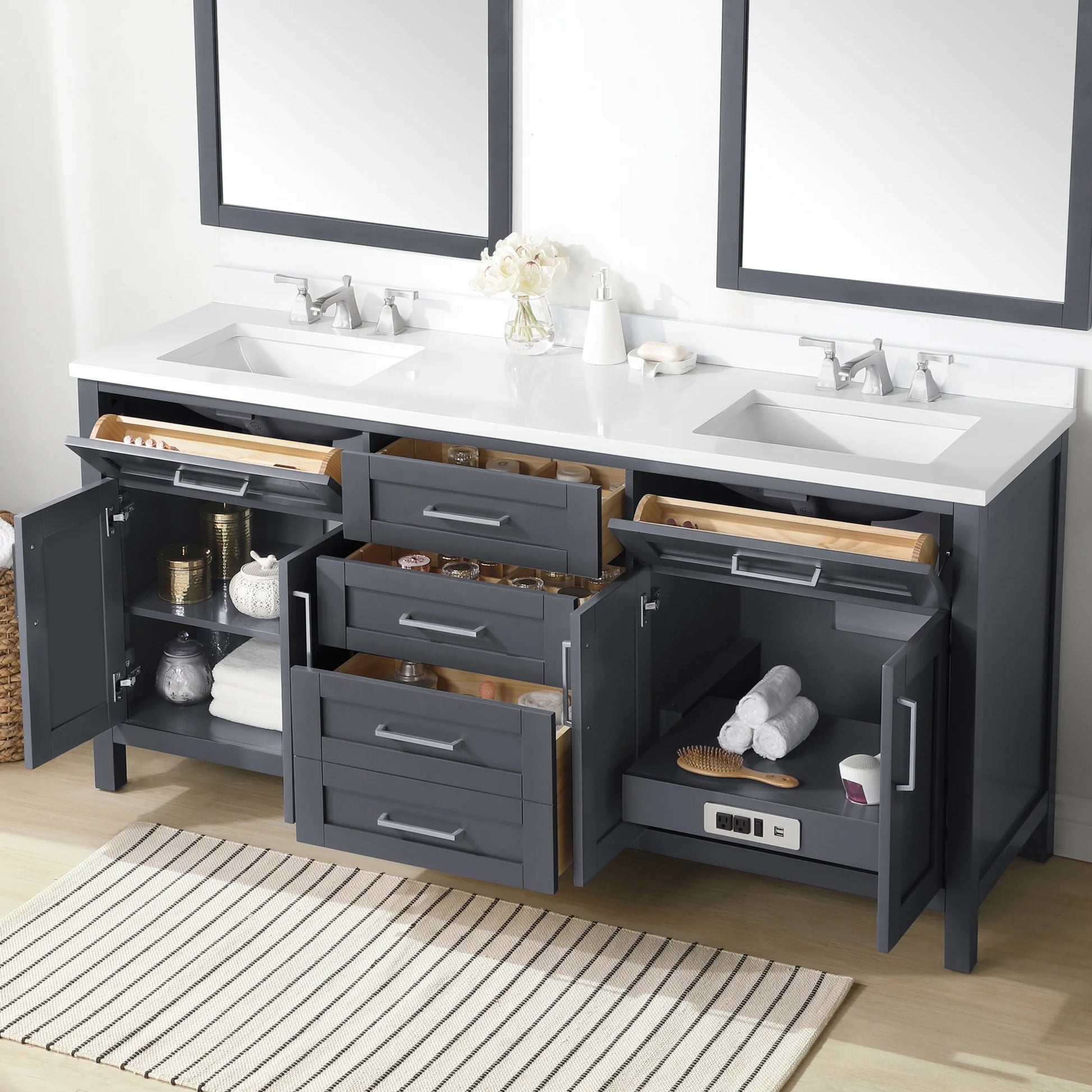 Dark Charcoal Bathroom Vanity with Engineered Marble Countertop and Framed Wall Mirrors 