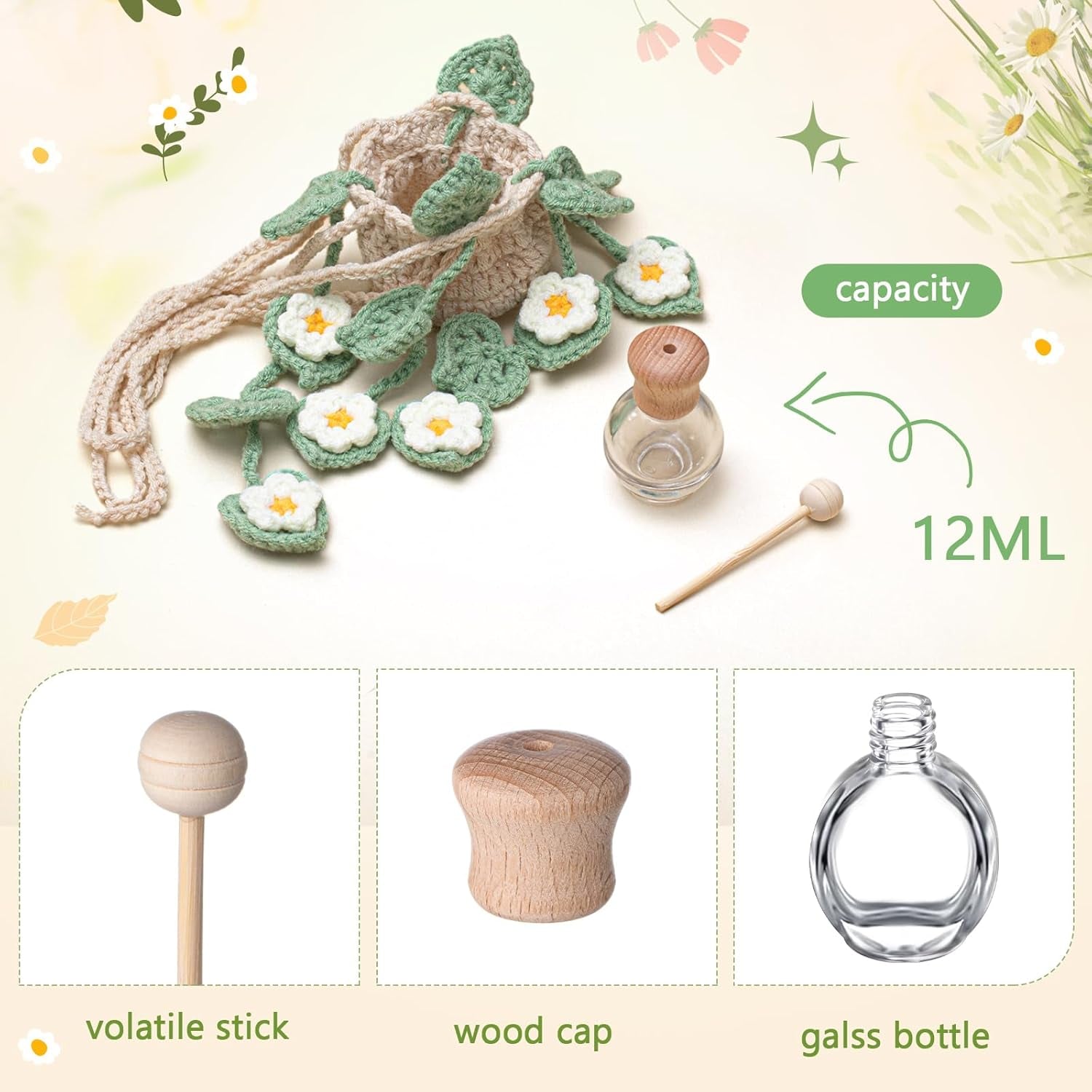 Crochet Plant Car Air Freshener 12Ml Empty Refillable Car Diffuser Bottle with Cute Potted Plants Hanging Accessories Essential Oil Diffuser